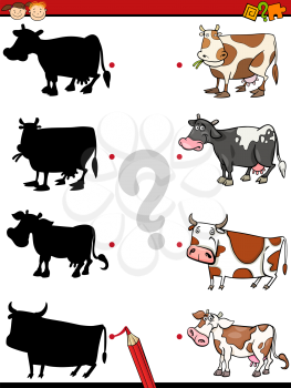 Cartoon Illustration of Education Shadow Task for Preschool Children with Cows Farm Animal Characters