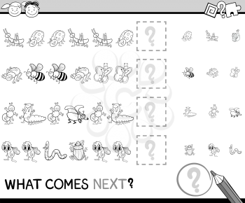 Black and White Cartoon Illustration of Completing the Pattern Educational Task for Preschool Children with Insect Characters