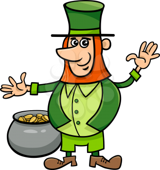 Cartoon Illustration of Leprechaun on Saint Patrick Day with Pot of Golden Coins