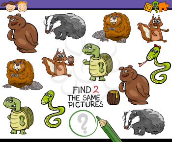 Cartoon Illustration of Find the Same Picture Educational Task for Preschool Children with Animal Characters