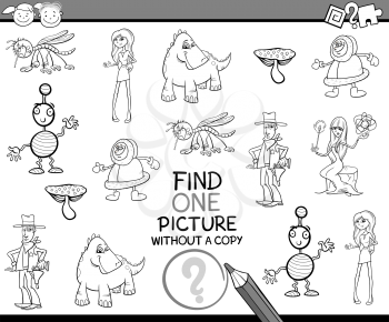 Black and White Cartoon Illustration of Educational Game of Single Picture Finding for Preschool Children