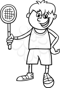 Black and White Cartoon Illustration of Cute Boy with Tennis Racket for Coloring Book