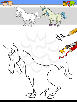 Cartoon Illustration of Drawing and Coloring Educational Task for Preschool Children with Unicorn Fantasy Character