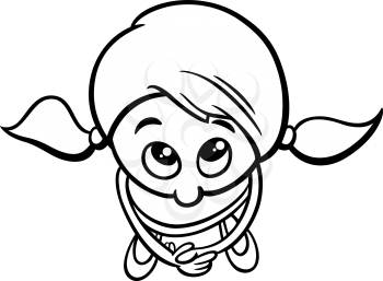 Black and White Cartoon Illustration of Cute Little Shy Girl for Coloring Book