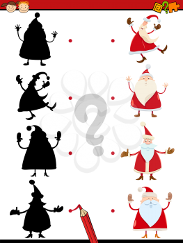 Cartoon Illustration of Educational Shadow Task for Children with Santa Characters