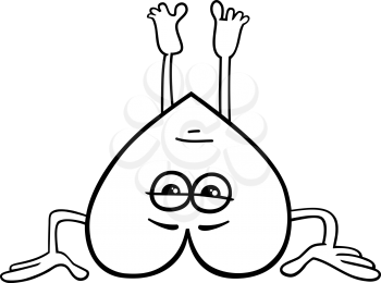 Black and White Cartoon Illustration of Heart Character Practicing Yoga on Valentine Day for Coloring Book