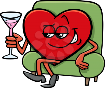 Cartoon Illustration of Heart Character with Glass of Champagne on Valentine Day