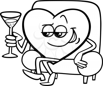 Black and White Cartoon Illustration of Heart Character with Glass of Champagne on Valentine Day