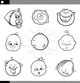 Black and White Cartoon Illustration of Cute Babies Faces Set 
