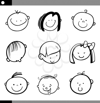 Black and White Cartoon Illustration of Cute Children or Babies Faces Set 