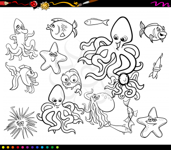Black and White Cartoon Illustrations of Funny Sea Life Animals and Fish Characters Group for Coloring Book