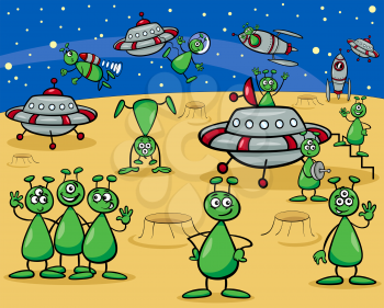 Cartoon Illustrations of Fantasy Aliens or Martians Characters Group with Ufo
