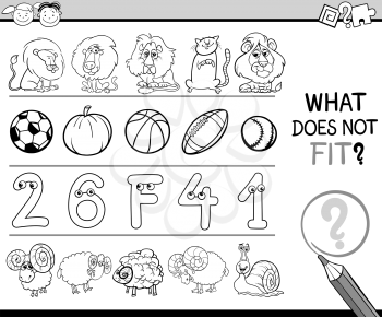 Black and White Cartoon Illustration of Finding Improper Item in the Row Educational Game for Preschool Children with Animal Characters