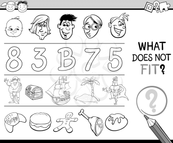Black and White Cartoon Illustration of Finding Wrong Item in the Row Educational Game for Children