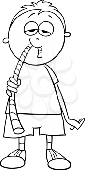 Black and White Cartoon Illustration of Little Boy Eating Jelly or Gummy Candy for Coloring Book