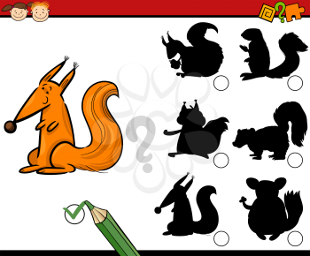 Cartoon Illustration of Educational Shadow Matching Task for Preschoolers with Squirrel Animal Character