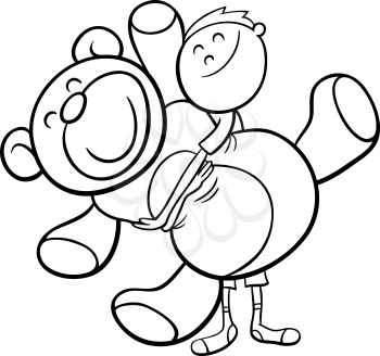 Black and White Cartoon Illustration of Cute Boy with Big Cuddly Teddy Bear for Coloring Book