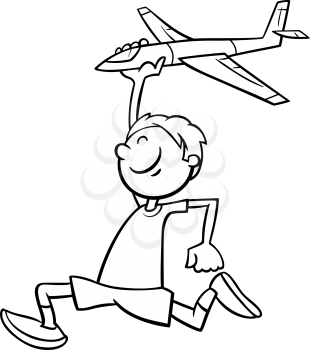Black and White Cartoon Illustration of Happy Little Boy with Toy Plane for Coloring Book