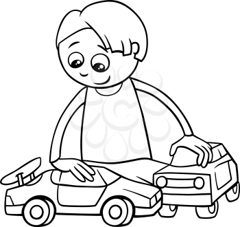 Black and White Cartoon Illustration of Happy Boy with Toy Cars for Coloring Book