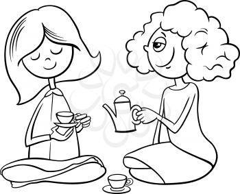 Black and White Cartoon Illustration of Two Cute Girls with Toy Tea Cups Playing House for Coloring Book