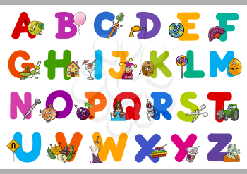 Cartoon Illustration of Capital Letters Alphabet with Objects for Reading and Writing Education for Preschool Children