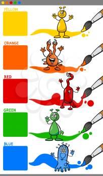 Cartoon Illustration of Primary Colors with Alien Characters Educational Set for Preschool Children
