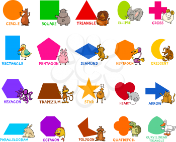 Cartoon Illustration of Educational Basic Geometric Shapes for Preschool or Primary School Children with Animal Characters