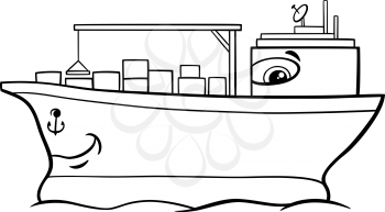 Black and White Cartoon Illustration of Container Ship Transport Character for Coloring Book