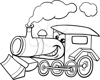 Black and White Cartoon Illustration of Steam Engine Locomotive Transport Character for Coloring Book