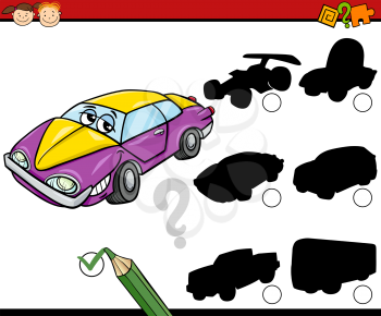 Cartoon Illustration of Educational Shadow Task for Preschool Children with Car and Vehicles