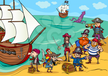 Cartoon Illustrations of Fantasy Pirate Characters with Ship on Treasure Island