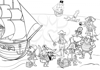 Black and White Cartoon Illustrations of Fantasy Pirate Characters with Ship on Treasure Island for Coloring Book