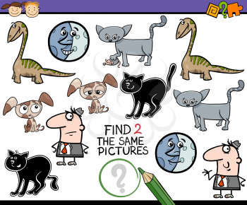 Cartoon Illustration of Find the Same Picture Educational Game for Preschool Children with Funny Characters