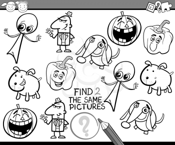 Black and White Cartoon Illustration of Find Identical Picture Educational Task for Preschool Children with Comic Characters for Coloring Book