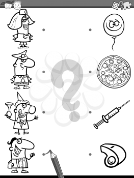 Cartoon Illustration of Education Element Matching Game for Preschool Children with People Occupations Coloring Book