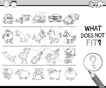 Black and White Cartoon Illustration of Finding Improper Picture in the Row Educational Game for Children Coloring Book