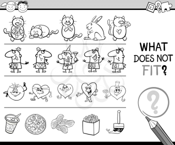 Black and White Cartoon Illustration of Finding Wrong Item in the Row Educational Game for Children Coloring Book