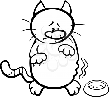 Black and White Cartoon Illustration of Hungry Cat with Empty Bowl for Coloring Book
