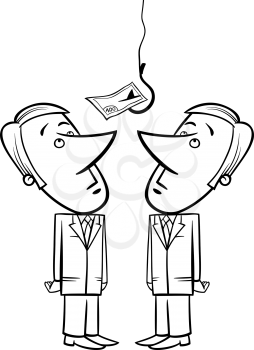 Black and White Concept Cartoon Illustration of Two Businessmen Looking up on Money Bait on Fishing Hook