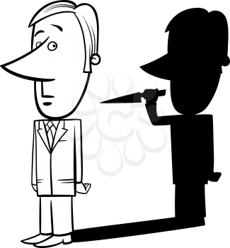 Black and White Concept Cartoon Illustration of Businessman and his Bad Shadow with Knife