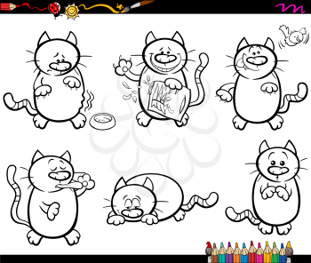 Black and White Cartoon Illustration of Cute Cats Animal Characters Set for Coloring Book