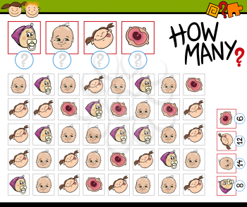 Cartoon Illustration of Educational Counting Task for Preschool Children with Baby Faces