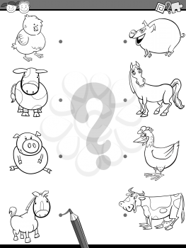 Black and White Cartoon Illustration of Education Element Matching Task for Preschool Children with Baby Animals and their Mothers Coloring Book