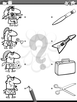 Black and White Cartoon Illustration of Education Element Matching Game for Preschool Children with People Occupations Coloring Book