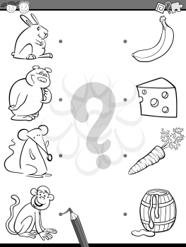 Black and White Cartoon Illustration of Education Picture Matching Task for Preschool Children with Animals and their Favorite Food for Coloring Book