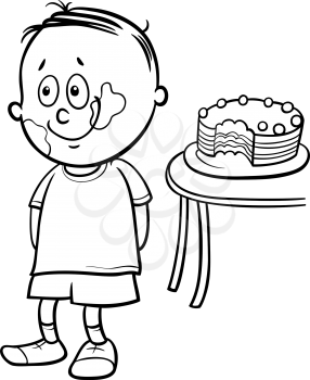Black and White Cartoon Illustration of Little Gourmand Boy and Chocolate Cake for Coloring Book