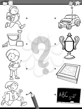 Black and White Cartoon Illustration of Education Picture Matching Task for Preschool Children For Coloring