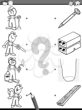 Black and White Cartoon Illustration of Education Picture Matching Task for Preschool Children with Workers For Coloring