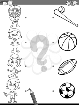 Black and White Cartoon Illustration of Education Picture Matching Task for Preschool Children with Sports For Coloring