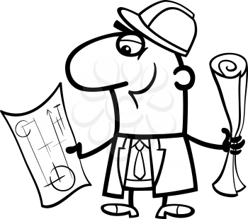 Black and White Cartoon Illustration of Funny Structural Engineer with Plans for Coloring Book